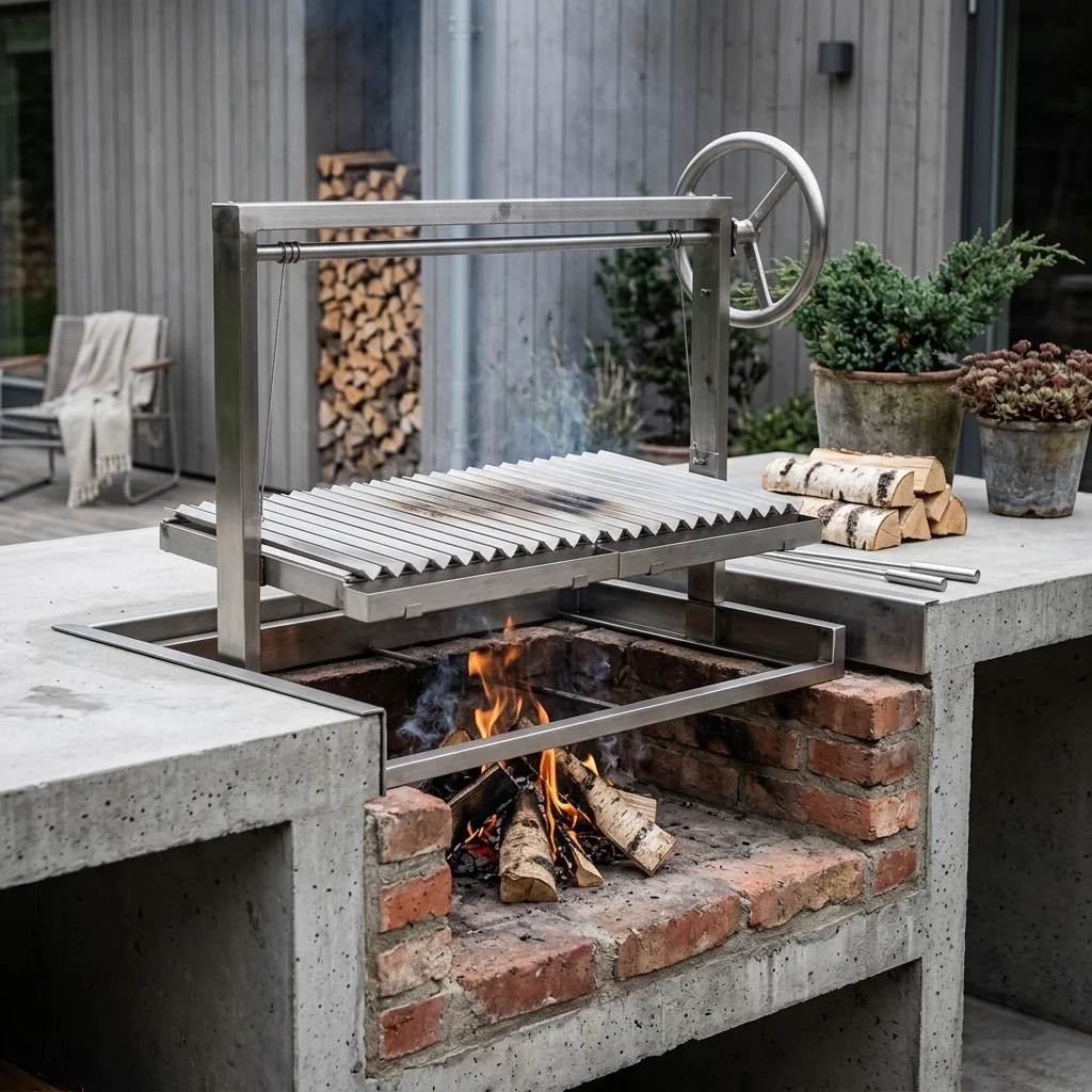 Asadogrill i en utemiljö med vedeld